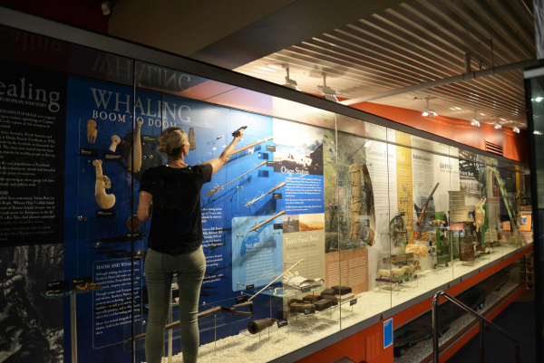 Lisa measuring light levels in an Otago Museum case